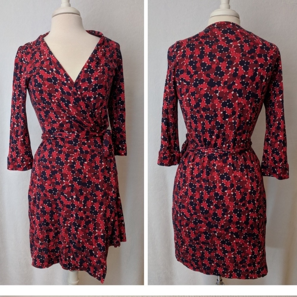 100% SILK DVF Diane Von Furstenberg New Julian Two red pink blue wrap dress 6